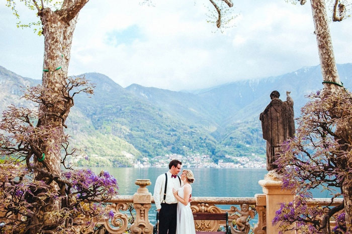 bride and groom on grounds of villa