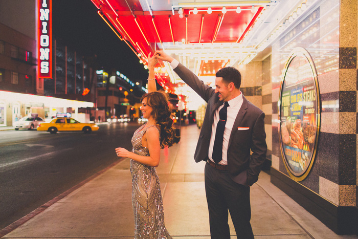 bride and groom dancing on Vegas strip