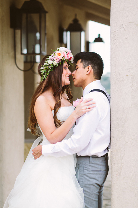 intimate moment between bride and groom