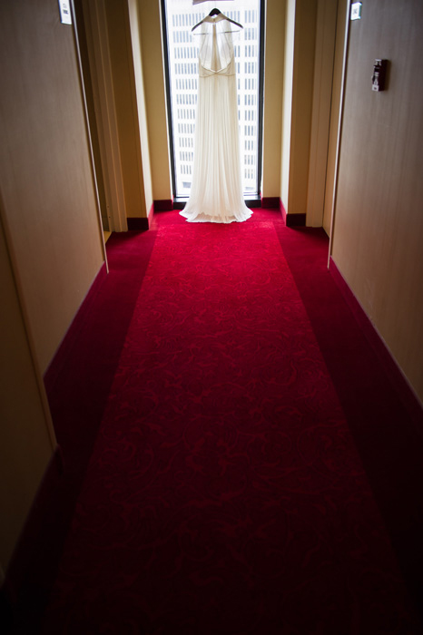 dress hanging in hallway