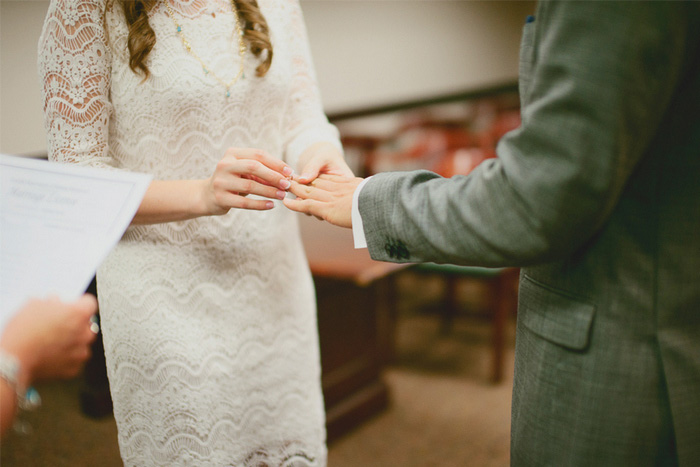 bride putting ring on groom's finger