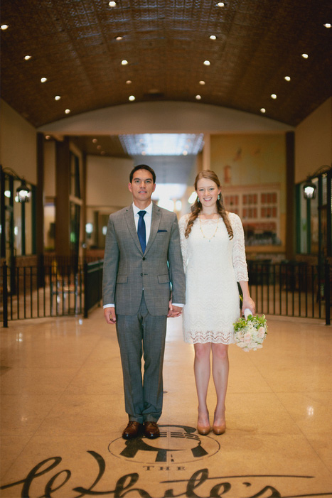 bride and groom at courthouse