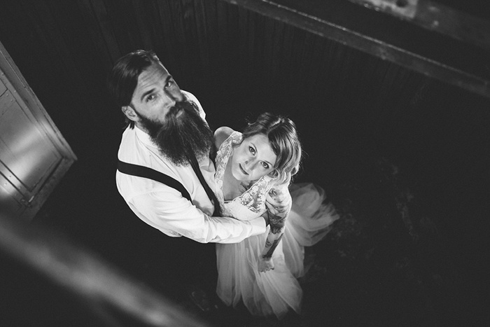 looking down on bride and groom