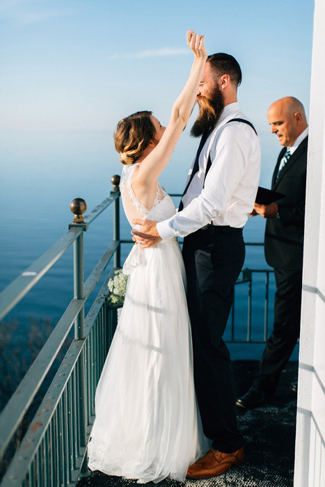 bride going to hug groom during ceremony