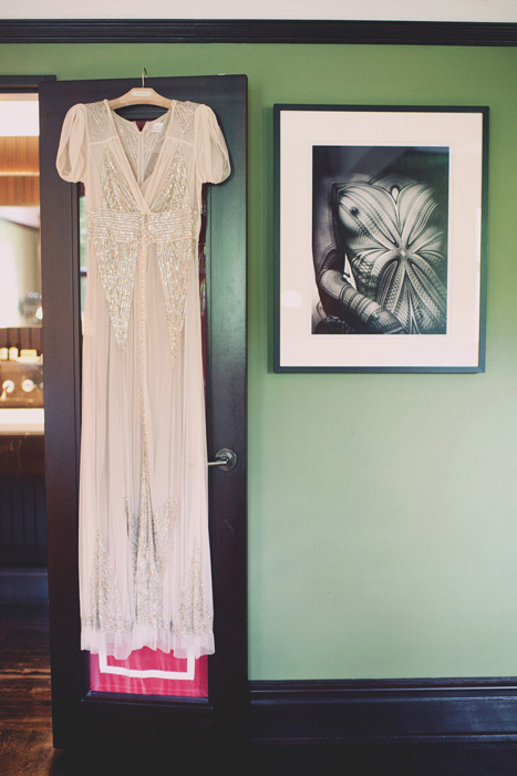 wedding dress hanging up