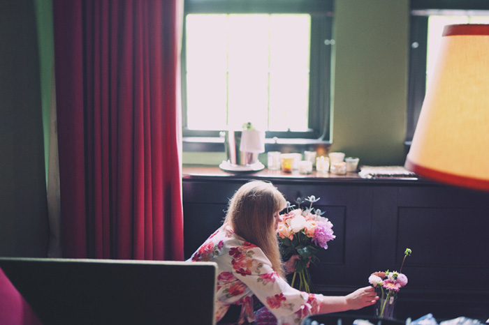 flowers being prepped in hotel room