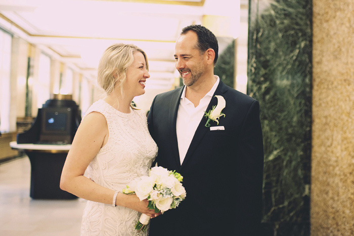 bride and groom portrait at city hall