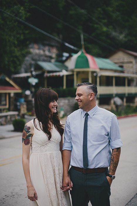 bride and groom portrait in town