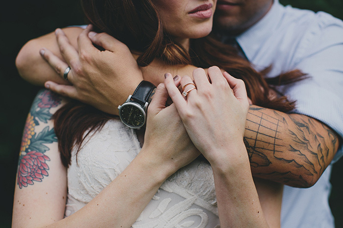 bride and groom embracing