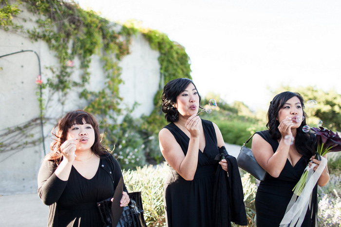 bridesmaids blowing bubbles