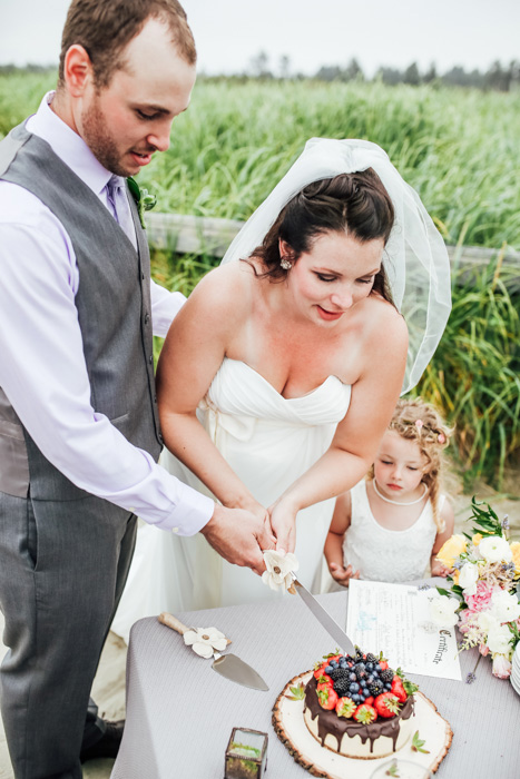 bride and groom cutting cake