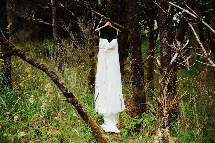 dress hanging in the woods