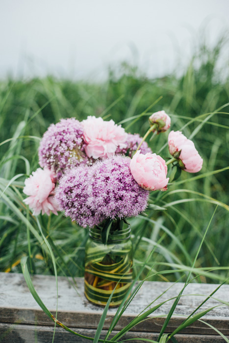 pink and purple flowers at altar