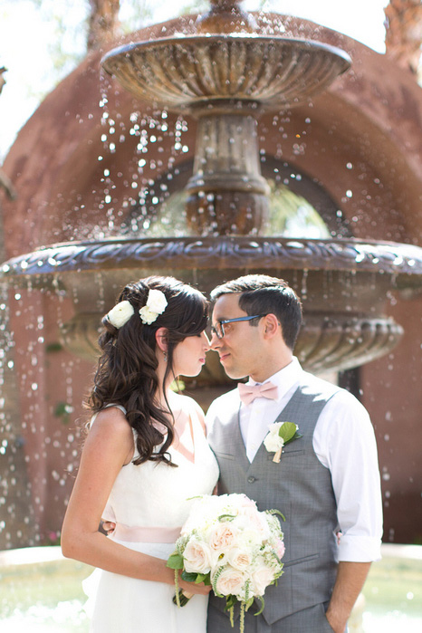 wedding portrait in front of fountain