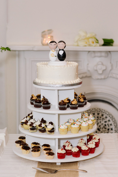 wedding cake and mini cupcakes