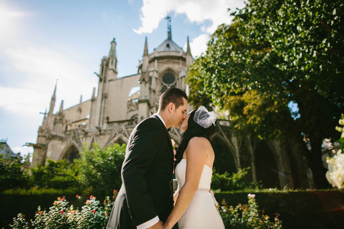 bride and groom first kiss