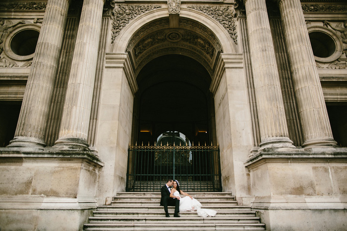 bride and groom on Paris steps