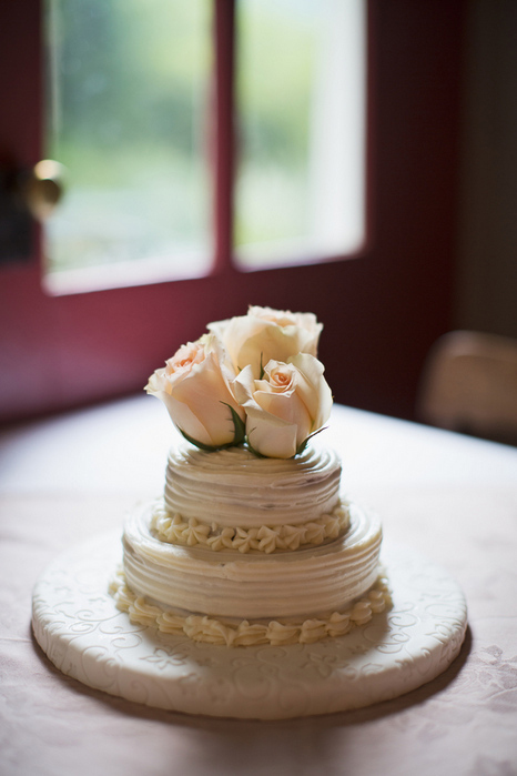 small wedding cake with roses on top