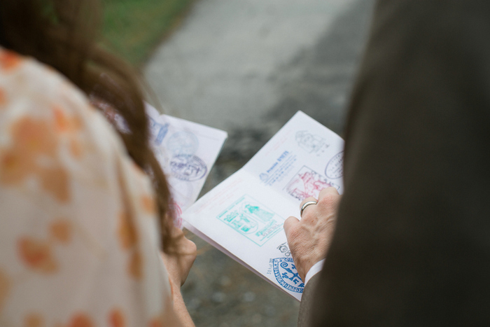 bride and groom comparing passport stamps