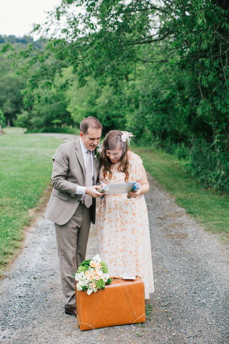 bride and groom looking at map