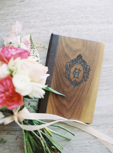 wooden book and wedding bouquet