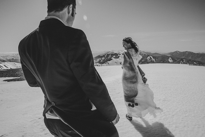 bride walking through snow