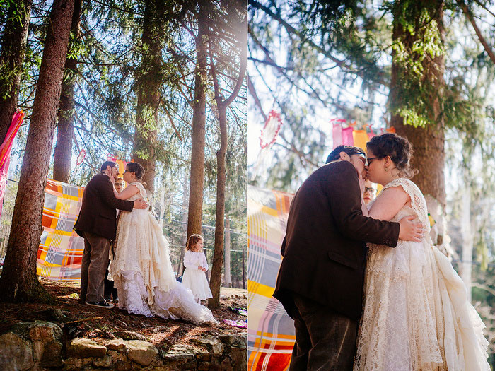 bride and groom first kiss