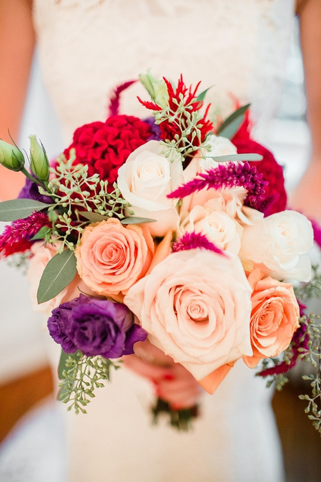 peach, purple, and pink wedding bouquet