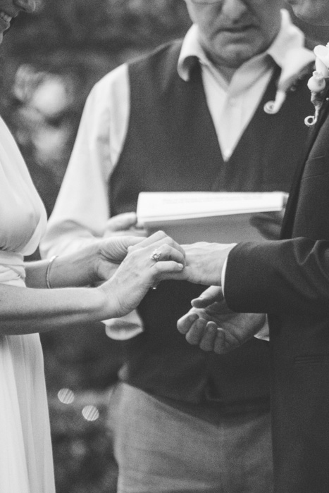 bride putting ring on groom's finger