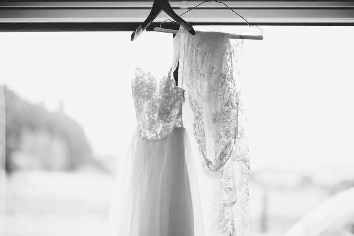 wedding dress hanging up