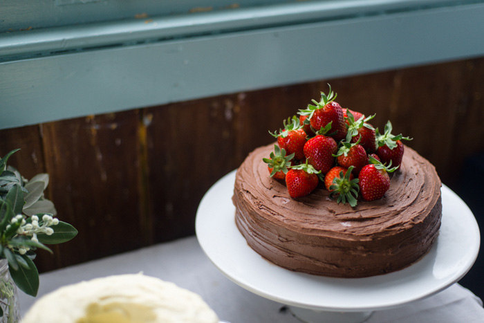 chocolate wedding cake topped with strawberries