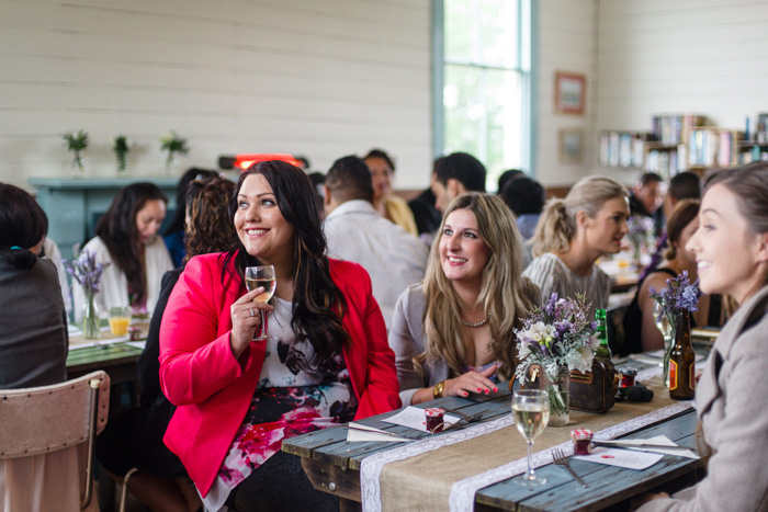 wedding guests at cafe reception