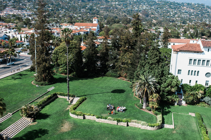 aerial view of garden wedding ceremony