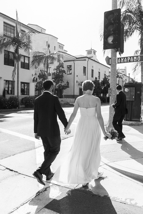 bride and groom walking to restaurant