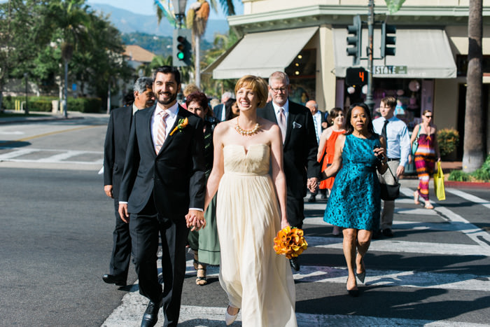 bride and groom walking to restaurant