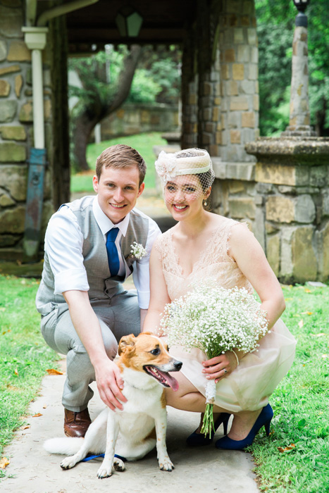 bride and groom with dog