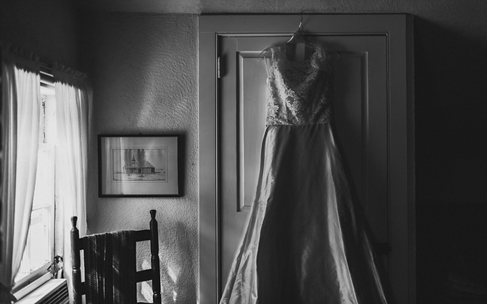 wedding dress hanging up