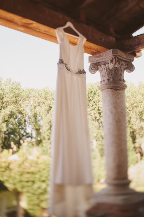 wedding dress hanging up