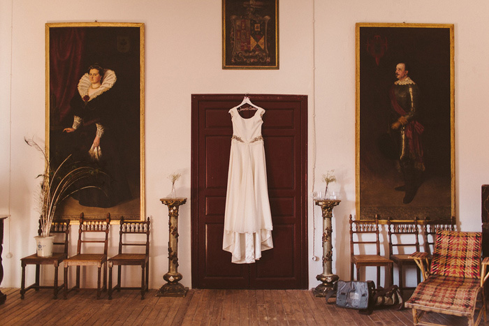 wedding dress hanging up