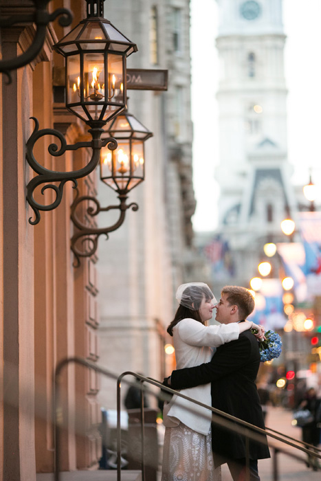 bride and groom outside city hall