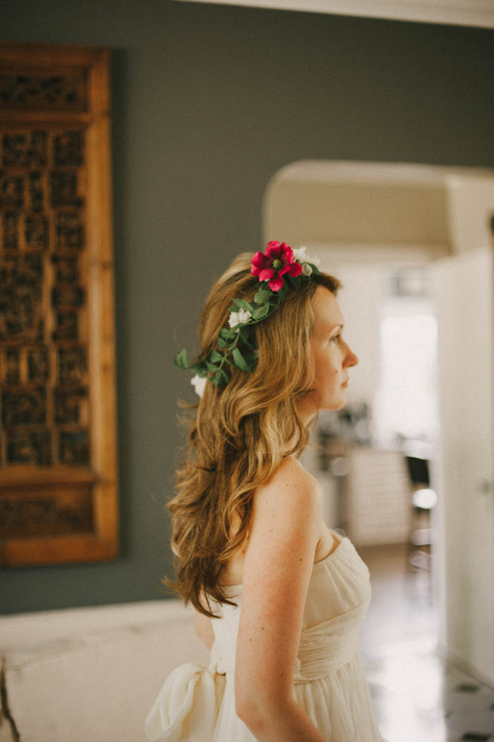 bride wearing flower crown