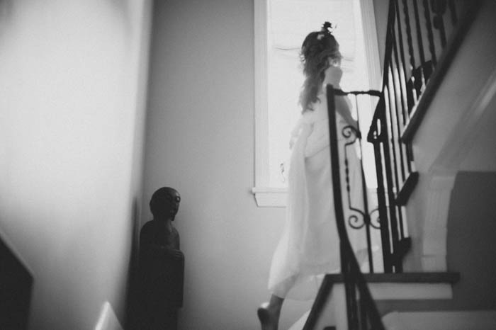 bride walking up stairs