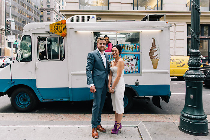 bride and groom in front of ice cream truck