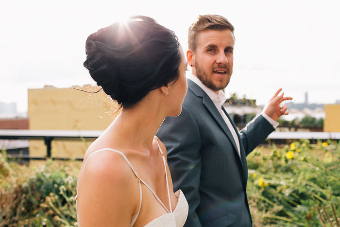 bride and groom walking in New York