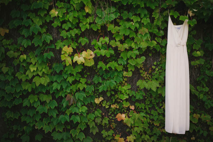 wedding dress hanging on hedge