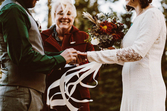 groom putting ring on bride's finger