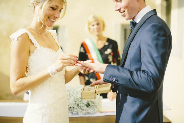 bride putting ring on groom's finger