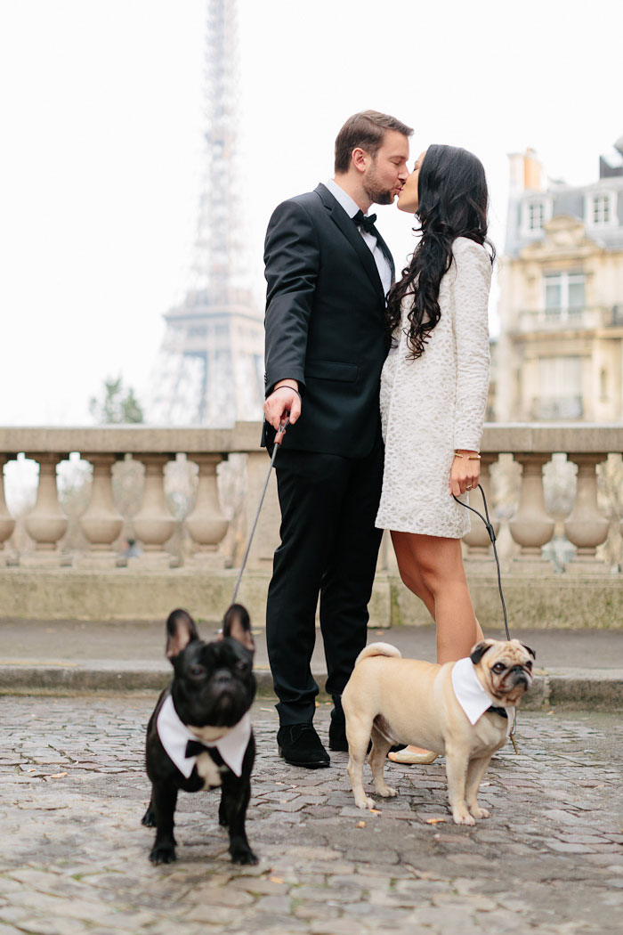 bride and groom portrait in front of eiffel tower with their dogs