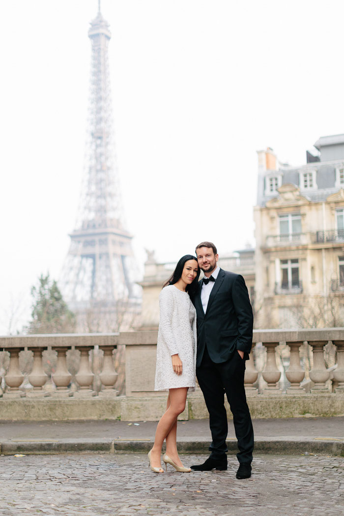 bride and groom portrait in front of eiffel tower