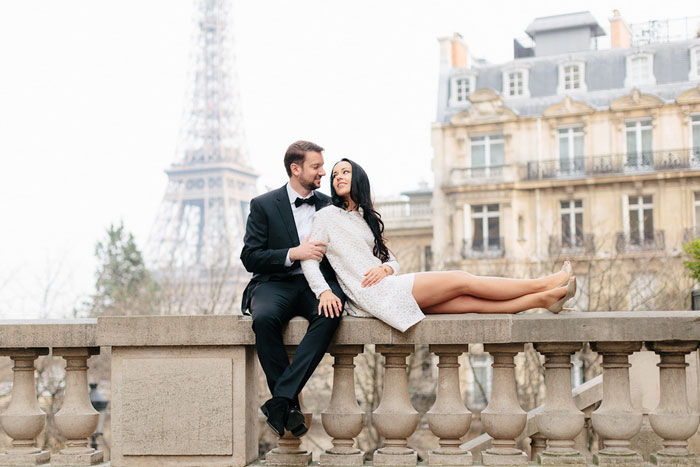 bride and groom portrait in front of eiffel tower